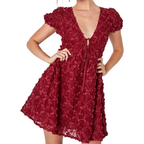 Lulus Elegant Delight Wine Red 3D Floral Lace Puff Sleeve Mini Dress Size Medium - Picture 2 of 9